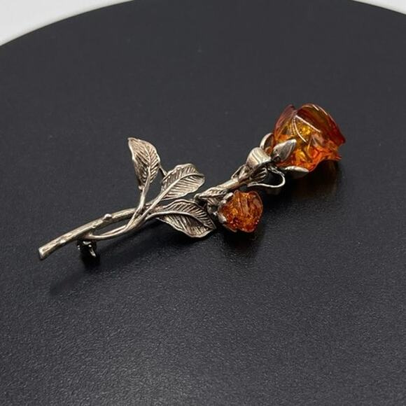 Baltic Cognac Amber Double Rose Brooch 925 Sterling Silver Hand Carved Signed - Picture 3 of 12